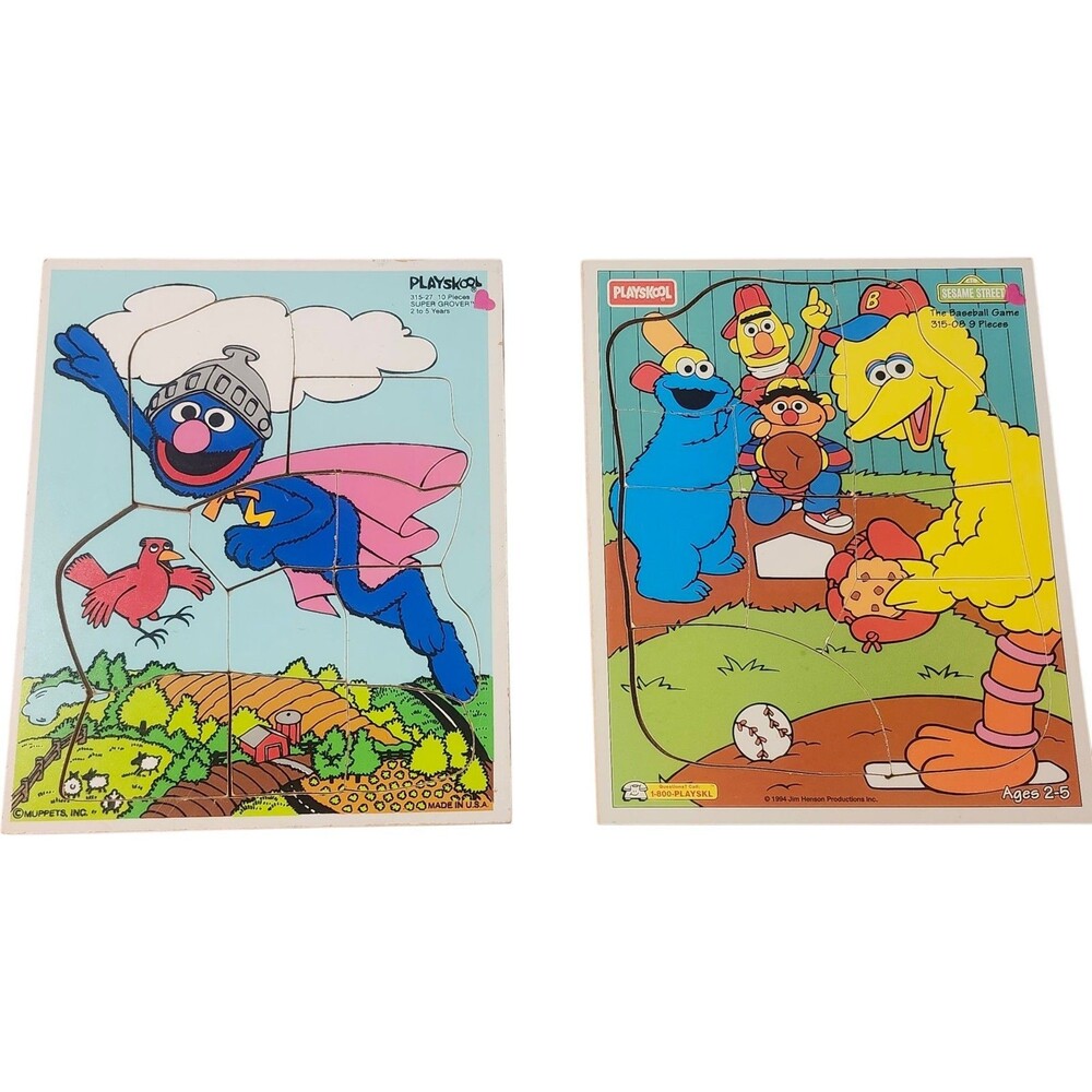 Lot - 2 Vintage Playskool Super Grover Puzzle & Sesame Street Big Bird 70's 90's